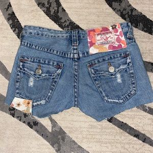 Jean cut off True Religion shorts with patch work detail